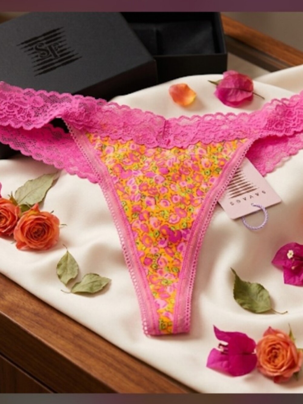 Savage X Fenty Pink Floral Lace Thong